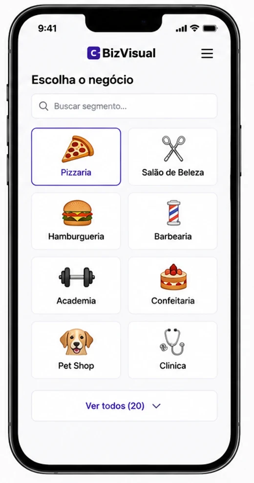Tela de escolha do tipo de negócio